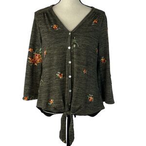 Fig and Flower Small Top 3/4 Flared Sleeve Button-Up Floral Embroidered Tie Knot
